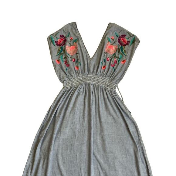 See And Be Seen Sz L Floral Embroidered Maxi Dress Striped Smocked Waist Beachy - Picture 8 of 16